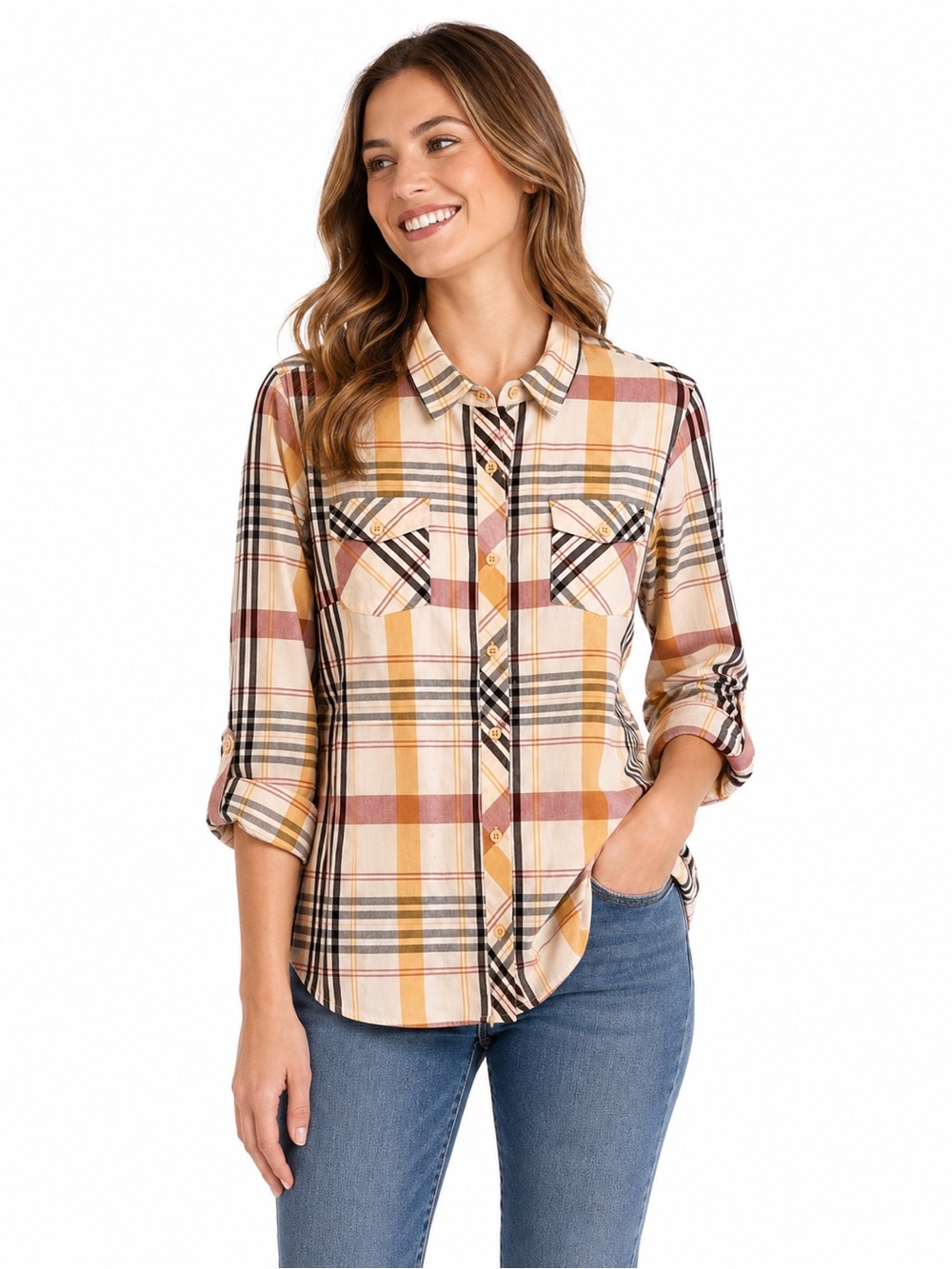 Christopher & Banks Plaid Button Front Shirt Womens L 100% Cotton Roll Tab